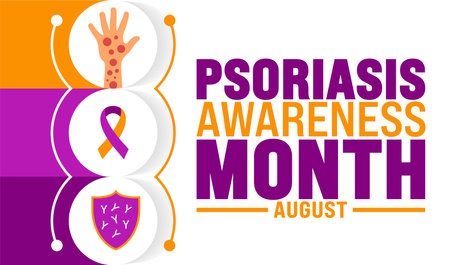 Psoriasis Awareness Month is observed every year in August. Holiday concept. Template for background, banner, card, poster, placard, design template with unique shapesのイラスト素材