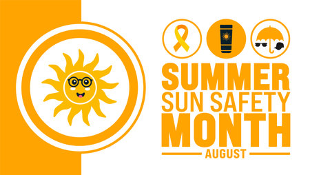 Summer Sun Safety Month is observed every year in August. Holiday concept. Template for background, banner, card, poster, placard, design template with unique shapesのイラスト素材