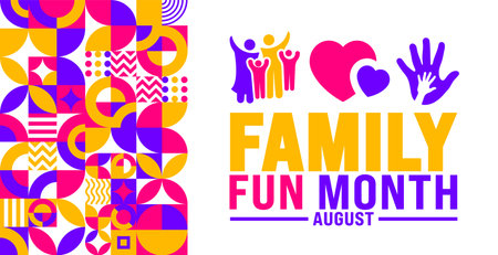 Family Fun Month is observed every year in August. Holiday concept. Template for background, banner, card, poster, placard, design template with unique shapes with standard color.のイラスト素材