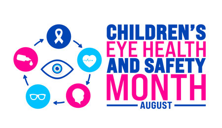 Childrenâs Eye Health and Safety Month is observed every year in August. Holiday concept. Template for background, banner, card, poster, placard, design template with unique shapesのイラスト素材