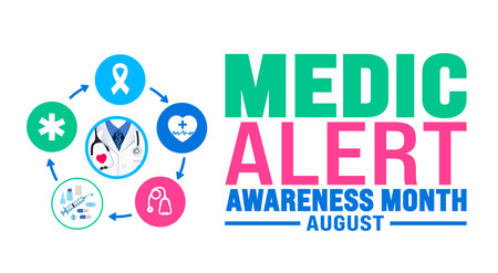 Medic Alert Awareness Month is observed every year in August. Holiday concept. Template for background, banner, card, poster, placard, design template with unique shapesのイラスト素材