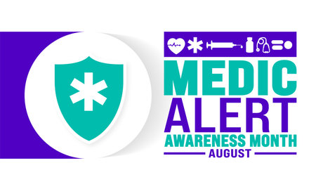 Medic Alert Awareness Month is observed every year in August. Holiday concept. Template for background, banner, card, poster, placard, design template with unique shapesのイラスト素材