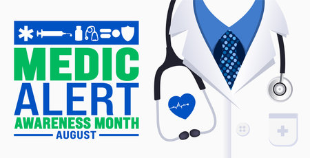 Medic Alert Awareness Month is observed every year in August. Holiday concept. Template for background, banner, card, poster, placard, design template with unique shapesのイラスト素材