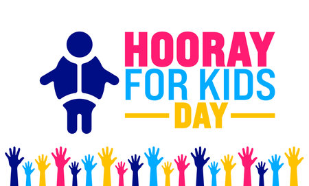 Hooray For Kids Day is observed every year in August. Holiday concept. Template for background, banner, card, poster, placard, design template with unique shapesのイラスト素材