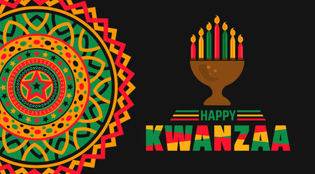Happy Kwanzaa mandala celebration background, poster or banner design template. annual celebration of African American culture from December 26 to January 1. Holiday concept.のイラスト素材
