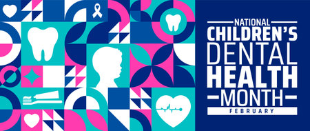 Childrenâs Dental Health Month or Children Dental Health Month geometric shape pattern background banner or poster design template. observed every year in February. Holiday conceptのイラスト素材