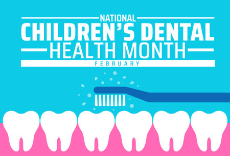 Childrenâs Dental Health Month or Children Dental Health Month background banner or poster design template. observed every year in February. Holiday concept. Use to any Template.のイラスト素材