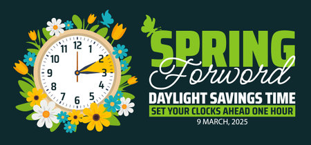 Spring Forward concept 2025 background or banner design. Daylight Saving Time Starts background and cartoon doodle style with clock design.のイラスト素材