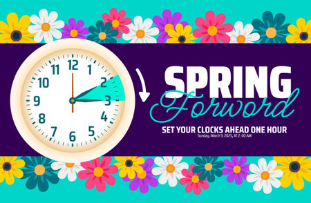 Spring Forward concept 2025 background or banner design. Daylight Saving Time Starts background and cartoon doodle style with clock design.のイラスト素材