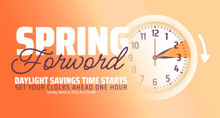Spring Forward concept 2025 background or banner design. Daylight Saving Time Starts background and cartoon doodle style with clock design.のイラスト素材