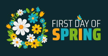 First Day of Spring flower background banner or poster design template. observed every year in  March. Holiday concept. Use to any Template, card, poster, placard, template.のイラスト素材