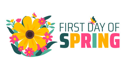 First Day of Spring flower background banner or poster design template. observed every year in  March. Holiday concept. Use to any Template, card, poster, placard, template.のイラスト素材