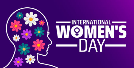International Women's Day background banner or poster design template with women icon and flower. observed every year in March. Holiday concept. Use to any Template, card, poster,のイラスト素材