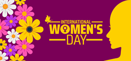 International Women's Day background banner or poster design template with women icon and flower. observed every year in March. Holiday concept. Use to any Template, card, poster,のイラスト素材