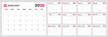 Calendar planner template for 2026 year. Week starts on Monday. Stationery design. Vector illustrationのイラスト素材