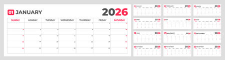 Calendar template for 2026 year. Week starts on Monday. Stationery design. Vector illustrationのイラスト素材