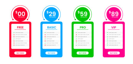 Professional four Tier Subscription website Price table template. business plan price list. product package price. Subscription Package Pricing Comparison. Minimalistic pricingのイラスト素材