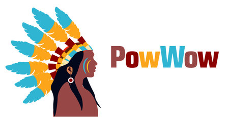 Powow. Native american woman with headdress. Vector illustrationのイラスト素材