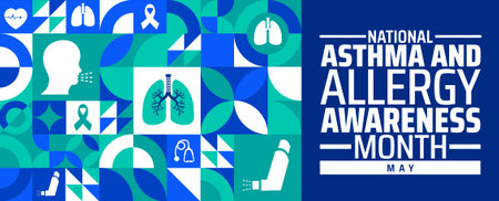 National Allergies Awareness Month. Banner template with flat medical icons on blue background. Vector illustration.のイラスト素材