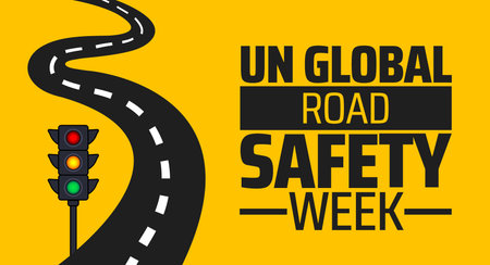 World road safety day poster with road and traffic lights. Vector illustration