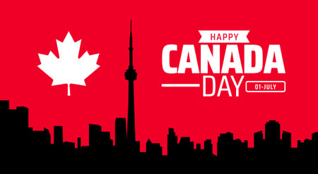 Canada day background with maple leaf and city skyline. Vector illustration.のイラスト素材