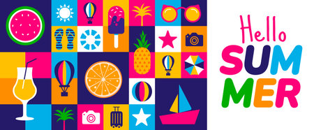 Hello summer lettering with colorful flat icons set. Vector illustration.