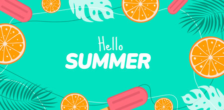 Hello summer banner with ice cream, orange and tropical leaves. Vector illustration