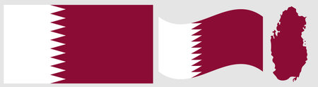 Qatar Flag Map and Map of the Country with Waving Flagのイラスト素材