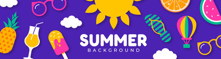 Summer banner with flat design elements. Summer background. Vector illustration.のイラスト素材