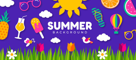 Summer banner design with paper cut fruits and flowers. Vector illustration.のイラスト素材