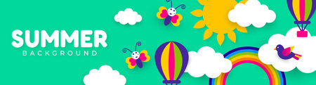 Summer banner with paper cut clouds, balloons and birds. Vector illustrationのイラスト素材