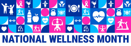 National Wellness Month Vector Illustration with Colorful Icons on Blue Backgroundのイラスト素材