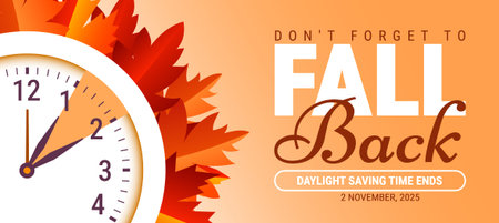 Fall sale banner with clock and autumn leaves on orange background. Vector illustration.のイラスト素材