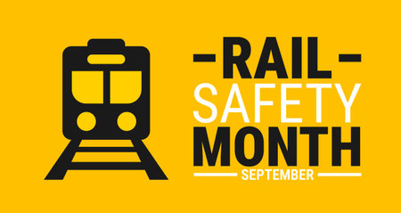 Train and text RALL SAFETY MONTH on yellow backgroundのイラスト素材