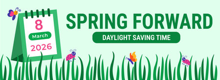 Spring Forward 2026 Daylight Saving Time Banner or background. Vibrant Pink and Green Graphic with a Stylized Bird, Star Icons, Sunday March 08 Date, and Clear Instructions to Setのイラスト素材