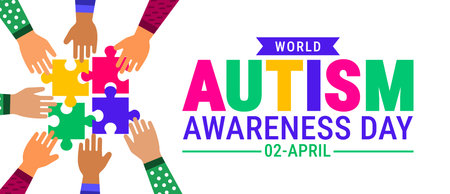 World Autism Awareness Day Background, banner or poster design template. Celebrated on April 2. White Graphic with Autism Letter and Multi-Colored Puzzle Pieces.のイラスト素材