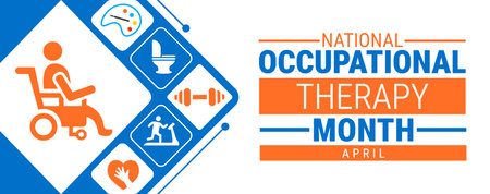 National Occupational Therapy Month April Awareness Banner with Healthcare and Rehabilitation Icons in Hexagon Grid, Therapy and Wellness Background for Social Media.のイラスト素材