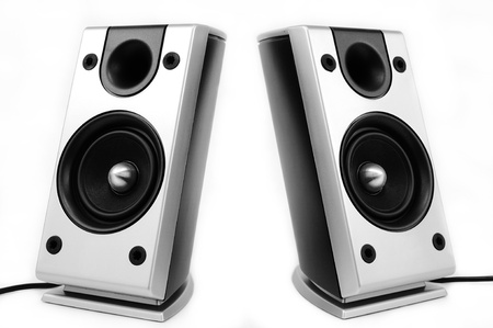 Pair of silver pc speakers isolated over white backgroundの写真素材