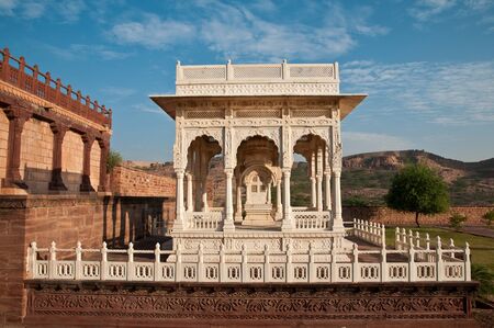 Intricate architecture using marble stone at Jaswant Thada White Temple in Jodhpur, Rajasthan, Indiaの写真素材