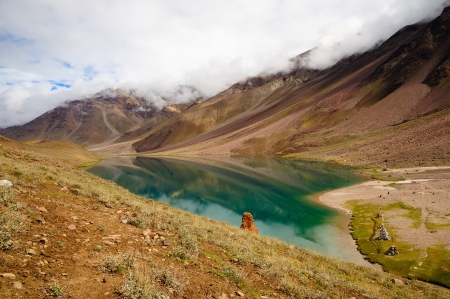 Beautiful Chandertal moon lake in the lap of the Himalayas in Spiti valleyの写真素材
