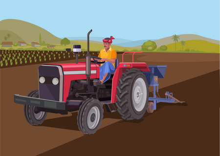 Indian farmer riding a tractorのイラスト素材