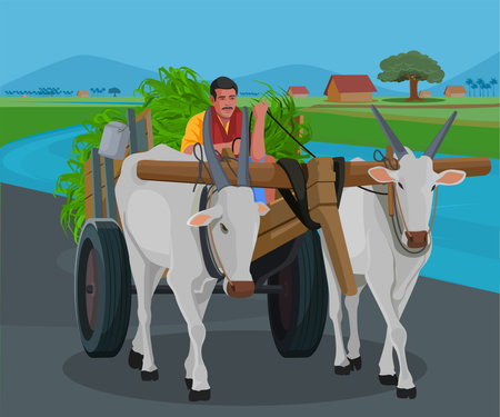 farmer riding a bullock cart Indian villageのイラスト素材