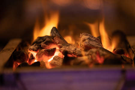 Close up of Fire Flames coming from the Coal in Campfireの写真素材