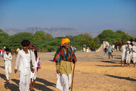 Pushkar, Rajashtan /India - 07/11/2019. Indian Rajasthani Culture .Rural Old Man Wearing Traditional Dress and yellow Turban (safa) and Stick in Hand in Groundのeditorial素材