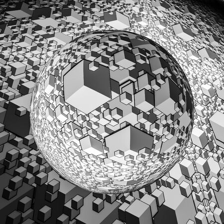 Black and white full of cube background with different size and shapes. crystal ball magnifying background.の写真素材