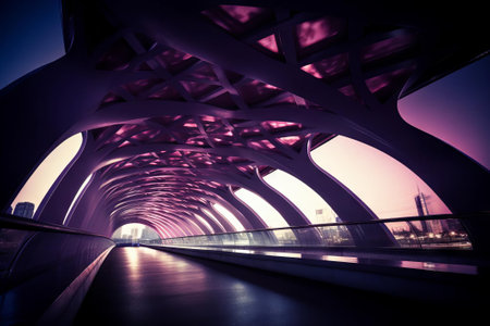 Purple-Lit Bridge Nightscape. AI Generatedの素材