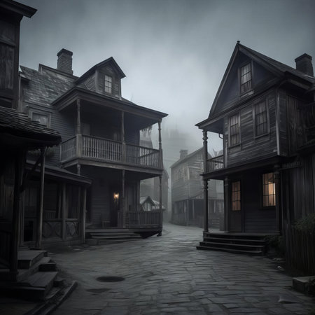 Night Hunt Village Scene, AI Generatedの素材