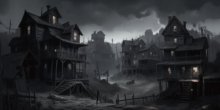 Night Hunt Village Scene, AI Generatedの素材