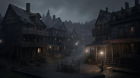 Night Hunt Village Scene, AI Generatedの素材