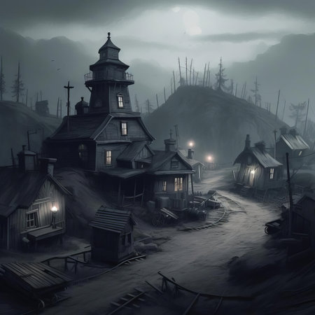 Night Hunt Village Scene, AI Generatedの素材